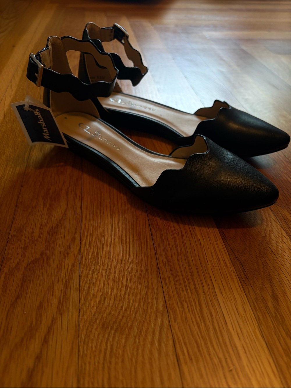 CL by Laundry Black Scalloped Ankle-Strap Pointed Flats